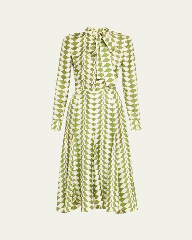Geo Silk Twill Long-Sleeve Midi Shirtdress